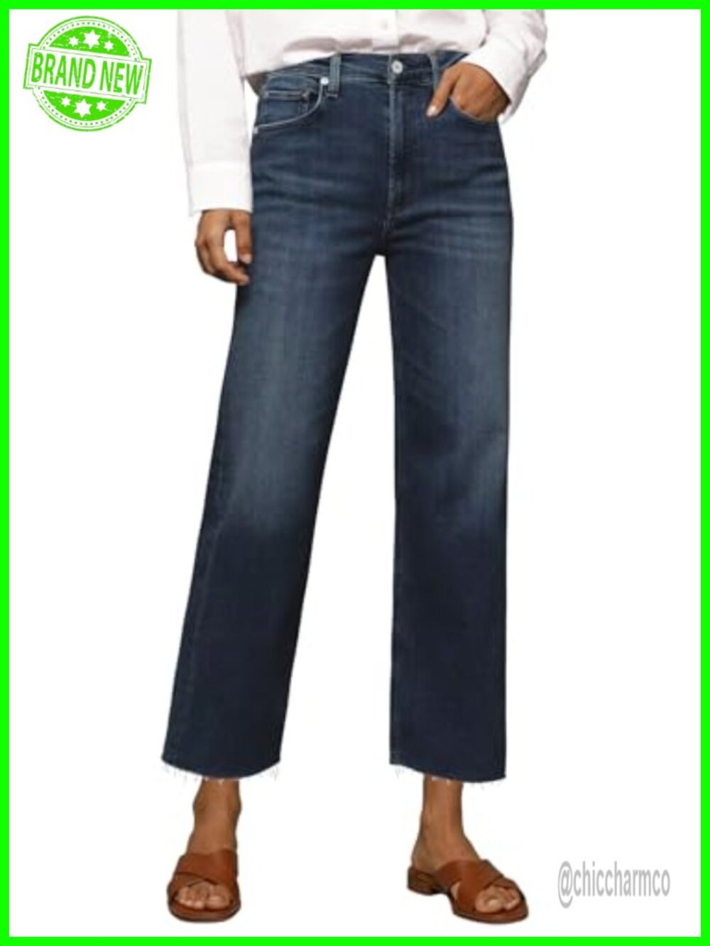 Womens High Waisted Straight Leg Cropped Jeans Raw Hem Stretch Denim Pants